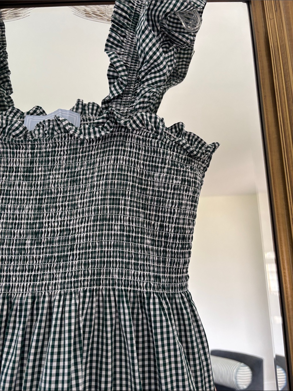 Women’s Gingham Smocked Midi Dress - Black/White - Picture 4 of 7